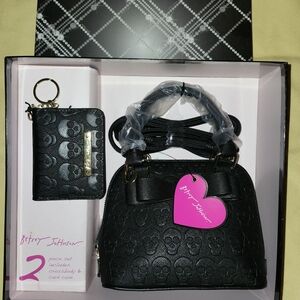 Betsey Johnson Black Skull Embossed Bag and Card Holder